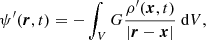 $$ \begin{aligned} \psi ^\prime (\boldsymbol{r},t) = - \int _{V} G \frac{\rho ^\prime (\boldsymbol{x},t) }{|\boldsymbol{r}-\boldsymbol{x}|} {\text{ d}}V , \end{aligned} $$