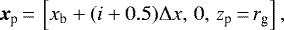 \begin{equation*}\vec{x}_{\textrm{p}}\,{=}\,\left[x_{\textrm{b}} &#x002B; (i&#x002B;0.5)\Delta x,\, 0,\, z_{\textrm{p}}\,{=}\,r_{\textrm{g}}\right],\end{equation*}