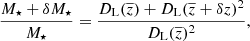 $$ \begin{aligned} \frac{M_\star + \delta M_\star }{M_\star } = \frac{D_{\rm L}(\overline{z}) + D_{\rm L}(\overline{z}+\delta z)^2}{D_{\rm L}(\overline{z})^2} , \end{aligned} $$