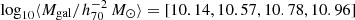 $ \log_{10}\langle M_{\mathrm{gal}}/h_{70}^{-2}\,{M}_\odot \rangle = [10.14, 10.57, 10.78, 10.96] $