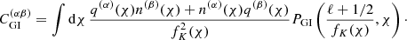 $$ \begin{aligned}&C_{\rm GI}^{(\alpha \beta )} =\int \mathrm{d}\chi \,\frac{q^{(\alpha )}(\chi )n^{(\beta )}(\chi )+n^{(\alpha )}(\chi )q^{(\beta )}(\chi )}{f_K^2(\chi )}P_{\rm GI}\left(\frac{\ell + 1/2}{f_K(\chi )},\chi \right)\cdot \end{aligned} $$