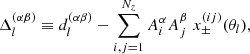 $$ \begin{aligned} \Delta _l^{(\alpha \beta )} \equiv d_l^{(\alpha \beta )} - \sum _{i,j=1}^{N_z} A_i^\alpha A_j^\beta \; x_\pm ^{(ij)}(\theta _l), \end{aligned} $$