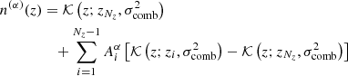 $$ \begin{aligned} n^{(\alpha )}(z)&= {\mathcal{K} }\left({z; z_{N_z}, \sigma _{\rm comb}^2}\right)\\&\quad + \sum _{i=1}^{N_z-1} A_i^\alpha \left[{{\mathcal{K} }\left({z; z_i, \sigma _{\rm comb}^2}\right)-{\mathcal{K} }\left({z; z_{N_z}, \sigma _{\rm comb}^2}\right)}\right]\nonumber \end{aligned} $$