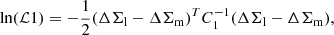 $$ \begin{aligned}&\ln (\mathcal{L} 1) = -{1\over 2} (\Delta \Sigma _{\rm l}-\Delta \Sigma _{\rm m})^{T}C_{1}^{-1}(\Delta \Sigma _{\rm l}-\Delta \Sigma _{\rm m}), \end{aligned} $$
