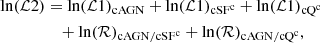 $$ \begin{aligned} \begin{aligned} \ln (\mathcal{L} 2)&=\ln (\mathcal{L} 1)_{\rm cAGN} + \ln (\mathcal{L} 1)_{\mathrm{cSF}^\mathrm{c}} + \ln (\mathcal{L} 1)_{\mathrm{cQ}^\mathrm{c}} \\&\quad +\ln (\mathcal{R} )_{\mathrm{cAGN/cSF}^\mathrm{c}} + \ln (\mathcal{R} )_{\mathrm{cAGN/cQ}^\mathrm{c}}, \end{aligned} \end{aligned} $$