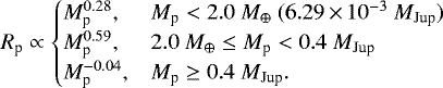 \begin{equation*}R_{\textrm{p}} \propto \begin{cases} M_{\textrm{p}}^{0.28},\ &M_{\textrm{p}} < 2.0\ M_{\oplus}\ (6.29\,{\times}\,10^{-3}\ M_{\text{Jup}})\\ M_{\textrm{p}}^{0.59},\ &2.0\ M_{\oplus} \leq M_{\textrm{p}} < 0.4\ M_{\text{Jup}}\\ M_{\textrm{p}}^{-0.04},\ &M_{\textrm{p}} \geq 0.4\ M_{\text{Jup}}. \end{cases} \end{equation*}