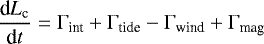 \begin{equation*} \frac{\textrm{d}L_{\textrm{c}}}{\textrm{d}t} = \Gamma_{\textrm{int}}+\Gamma_{\textrm{tide}}-\Gamma_{\textrm{wind}}+\Gamma_{\textrm{mag}} \end{equation*}