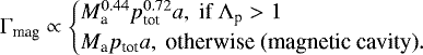 \begin{equation*}\Gamma_{\text{mag}}\propto \begin{cases} M_{\textrm{a}}^{0.44}p_{\text{tot}}^{0.72}a,\text{ if } \Lambda_{\textrm{p}}>1\\ M_{\textrm{a}} p_{\text{tot}}a,\ \text{otherwise (magnetic cavity)}. \end{cases} \end{equation*}