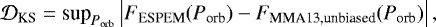 \begin{equation*} \mathcal{D}_{\text{KS}} = \text{sup}_{P_{\text{orb}}}\left|F_{\text{ESPEM}} (P_{\text{orb}})-F_{\text{MMA13,unbiased}} (P_{\text{orb}})\right|, \end{equation*}