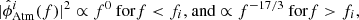 $$ \begin{aligned} |\hat{\phi }_\mathrm{Atm} ^i(f)|^2 \propto f^0 \text{ for} f < f_i\text{,} \text{ and} \propto f^{-17/3} \text{ for} f > f_i, \end{aligned} $$