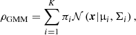 $$ \begin{aligned} \rho _{\rm GMM}=\sum _{i=1}^{K} \pi _{i} \mathcal{N} \left(\boldsymbol{x} | \upmu _{i}, \Sigma _{i}\right), \end{aligned} $$