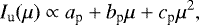\begin{equation*} I_{\textrm{u}} (\mu) \propto a_{\textrm{p}} + b_{\textrm{p}} \mu + c_{\textrm{p}} \mu^{2}, \end{equation*}