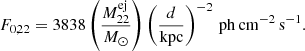 $$ \begin{aligned} F_{0,22} = 3838 \left( \frac{M_{22}^\mathrm{ej}}{{M}_{\odot }} \right) \left( \frac{d}{\mathrm{kpc} } \right)^{-2}\,\mathrm{ph}\,\mathrm{cm}^{-2}\,\mathrm{s}^{-1}\mathrm{.} \end{aligned} $$