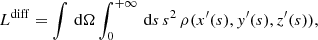 $$ \begin{aligned} L^\mathrm{diff} = \int \,\mathrm{d}\Omega \int _0^{+\infty }\,\mathrm{d}s\,s^2\,\rho (x^{\prime }(s),{ y}^{\prime }(s),z^{\prime }(s))\mathrm{,} \end{aligned} $$