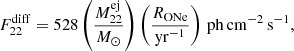 $$ \begin{aligned} F_{22}^\mathrm{diff} = 528 \left(\frac{M_{22}^\mathrm{ej}}{{M}_{\odot }}\right) \left(\frac{R_{\rm ONe}}{\mathrm{yr}^{-1}}\right)\,\mathrm{ph}\,\mathrm{cm}^{-2}\,\mathrm{s}^{-1}\mathrm{,} \end{aligned} $$