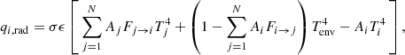 $$ \begin{aligned} q_{i,\mathrm{rad}} = \sigma \epsilon \left[ \, \sum _{j=1}^N A_j F_{j \rightarrow i} T_j^4 + \left( 1 - \sum _{j=1}^N A_i F_{i \rightarrow j} \right) T_{\rm env}^4 - A_i T_i^4 \, \right], \end{aligned} $$