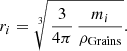 $$ \begin{aligned} r_{i} = \root 3 \of {\, \frac{3 }{4 \pi } \, \frac{m_{i}}{\rho _{\rm Grains}} }. \end{aligned} $$