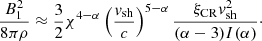 $$ \begin{aligned} \frac{B_{1}^{2}}{8\pi \rho } \approx \frac{3}{2} \chi ^{4-\alpha } \left(\frac{{ v}_{\rm sh}}{c}\right)^{5-\alpha }\frac{\xi _{\rm CR} { v}_{\rm sh}^{2}}{(\alpha -3)I(\alpha )}\cdot \end{aligned} $$