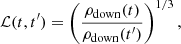 $$ \begin{aligned} \mathcal{L} (t,t^\prime ) = \left(\frac{\rho _{\rm down}(t)}{\rho _{\rm down}(t^\prime )}\right)^{1/3}, \end{aligned} $$