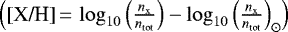 $\left(\textrm{[X/H]}\,{=}\, \log_{10}\left(\frac{n_{\rm{x}}}{n_{\rm{tot}}}\right) - \log_{10}\left(\frac{n_{\rm{x}}}{n_{\rm{tot}}}\right)_{\odot}\right)$