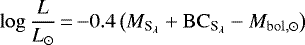 \begin{equation*} \log \frac{L}{L_{\odot}}\,{=}\,{-}0.4 \left(M_{\textrm{S}_{\lambda}} &#x002B; {\rm{BC}}_{\textrm{S}_{\lambda}} - M_{\rm{bol},\odot} \right) \end{equation*}