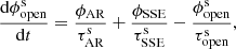 $$ \begin{aligned} \frac{\mathrm{d}\phi ^\mathrm{s}_{\rm open}}{\mathrm{d}t} = \frac{\phi _{\rm AR}}{\tau ^\mathrm{s}_{\rm AR}} + \frac{\phi _{\rm SSE}}{\tau ^\mathrm{s}_{\rm SSE}} - \frac{\phi ^\mathrm{s}_{\rm open}}{\tau ^\mathrm{s}_{\rm open}}, \end{aligned} $$