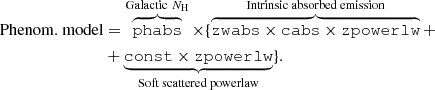 $$ \begin{aligned} \text{Phenom.} \text{ model}&= \overbrace{\mathtt{phabs }}^{\text{Galactic} \ N_{\rm H}}\times \{ \overbrace{\mathtt{zwabs \times \mathtt {cabs} \times \mathtt {zpowerlw} }}^{\text{Intrinsic} \text{ absorbed} \text{ emission}} + \nonumber \\&+ \underbrace{\mathtt{const \times \mathtt {zpowerlw} }}_{\text{Soft} \text{ scattered} \text{ powerlaw}}\}. \end{aligned} $$