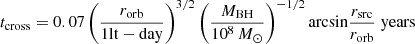 $$ \begin{aligned} t_{\mathrm{cross}} = 0.07 \left( \frac{r_{\mathrm{orb}}}{1 \mathrm{lt-day}} \right)^{3/2} \left( \frac{M_{\mathrm{BH}}}{10^8\,M_{\odot }}\right)^{-1/2} \mathrm{arcsin} \frac{r_{\mathrm{src}}}{r_{\mathrm{orb}}}\; \mathrm{years} \end{aligned} $$