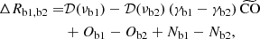 $$ \begin{aligned} \Delta R_{\rm b1,b2} =&\mathcal{D} (\nu _{\rm b1})-\mathcal{D} (\nu _{\rm b2})\left(\gamma _{\rm b1}-\gamma _{\rm b2}\right)\widetilde{\mathrm{CO}}\nonumber \\&+O_{\rm b1}-O_{\rm b2} + N_{\rm b1}-N_{\rm b2}, \end{aligned} $$