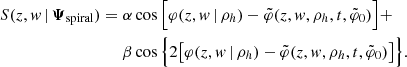 $$ \begin{aligned} S(z,{ w}\,|\,\boldsymbol{\Psi }_{\rm spiral}) = \alpha&\cos \Big [ \varphi (z,{ w}\,|\, \rho _h)-\tilde{\varphi }(z,{ w},\rho _h,t, \tilde{\varphi }_0) \Big ] + \nonumber \\ \beta&\cos \Big \{ 2\big [ \varphi (z,{ w}\,|\, \rho _h)-\tilde{\varphi }(z,{ w},\rho _h,t, \tilde{\varphi }_0) \big ]\Big \}. \end{aligned} $$