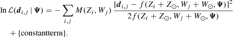$$ \begin{aligned} \ln \,&\mathcal{L} (\boldsymbol{d}_{i,j}\,|\,\boldsymbol{\Psi }) = -\sum _{i,j} M(Z_i,W_j) \, \dfrac{[\boldsymbol{d}_{i,j}-f(Z_i+Z_\odot ,W_j+W_\odot ,\boldsymbol{\Psi })]^2}{2 f(Z_i+Z_\odot ,W_j+W_\odot ,\boldsymbol{\Psi })} \nonumber \\&+ \{\mathrm{constant term}\}. \end{aligned} $$