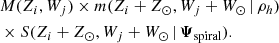 $$ \begin{aligned}&M(Z_i,W_j) \times m(Z_i+Z_\odot ,W_j+W_\odot \, | \, \rho _h) \nonumber \\&\times S(Z_i+Z_\odot ,W_j+W_\odot \, | \, \boldsymbol{\Psi }_{\rm spiral}). \end{aligned} $$