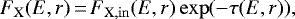 \begin{equation*} F_{\mathrm{X}}(E,r)\,{=}\,F_{\mathrm{X, in}}(E,r)\exp(-\tau(E,r)), \end{equation*}