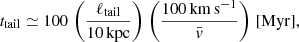 $$ \begin{aligned} t_{\rm tail} \simeq 100\,\left(\frac{\ell _{\rm tail}}{10\,\mathrm{kpc}}\right)\,\left(\frac{100\,\mathrm{km\,s^{-1}}}{\bar{{ v}}}\right)\,\mathrm{[Myr]}, \end{aligned} $$