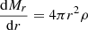 $$ \begin{aligned}&{{{\mathrm{d} }M_r}\over {{\mathrm{d} }r}}=4\pi r^2\rho \end{aligned} $$