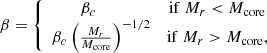 $$ \begin{aligned} \beta =\left\{ \begin{array}{cc} \beta _c\qquad \qquad&\mathrm{if}\ M_r < {M_{\rm core}}\\ \beta _c\left({M_r\over {M_{\rm core}}}\right)^{-1/2}&\mathrm{if}\ M_r>{M_{\rm core}}, \end{array}\right. \end{aligned} $$