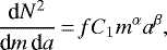\begin{equation*}\frac{\textrm{d}N^2}{\textrm{d}m\,\textrm{d}a}\,{=}\,f C_1 m^{\alpha} a^{\beta},\end{equation*}