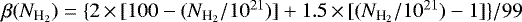 $\beta(N_{\textrm{H}_2}) = \{2 \,{\times}\, [100-(N_{\textrm{H}_2}/10^{21})] + 1.5 \,{\times}\, [(N_{\textrm{H}_2}/10^{21})-1]\}/99 $