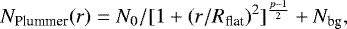 \begin{equation*}N_{\textrm{Plummer}}(r) = N_0 / [1 + (r/R_{\textrm{flat}})^2]^{\frac{p-1}{2}} + N_{\textrm{bg}}, \end{equation*}