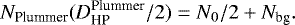 \begin{equation*} N_{\textrm{Plummer}}(D_{\textrm{HP}}^{\textrm{Plummer}}/2) = N_0 / 2 + N_{\textrm{bg}}. \end{equation*}