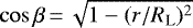 $\cos{\beta}\,{=}\,\sqrt{1-(r/R_{\text{L}})^2}$