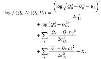 $$ \begin{aligned}&- \log f \left( Q_{ 0 } , U_{ 0 } | Q_{ i } , U_{ i } \right) = \frac{\left( \log \sqrt{ Q_{ 0 }^{ 2 } + U_{ 0 }^{ 2 } } - \upmu _{ 1 } \right)^{ 2 } }{ 2 \sigma _{ \Pi }^{ 2 }} \nonumber \\&\qquad \qquad \qquad \qquad \qquad + \log \left( Q_{ 0 }^{ 2 } + U_{ 0 }^{ 2 } \right) \nonumber \\&\qquad \qquad \qquad \qquad \qquad + \sum _{ i } \frac{ \left( Q_{ i } - Q_{ 0 } \tau _{ i } \right)^{ 2 } }{ 2 \sigma _{ Q_i }^{ 2 } } \nonumber \\&\qquad \qquad \qquad \qquad \qquad + \sum _{ i } \frac{ \left( U_{ i } - U_{ 0 } \tau _{ i } \right)^{ 2 } }{ 2 \sigma _{ U_i }^{ 2 } } + K. \end{aligned} $$