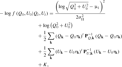 $$ \begin{aligned}&- \log f \left( Q_{ 0 } , U_{ 0 } | Q_{ i } , U_{ i } \right) = \frac{\left( \log \sqrt{ Q_{ 0 }^{ 2 } + U_{ 0 }^{ 2 } } - \upmu _{ 1 } \right)^{ 2 } }{ 2 \sigma _{ \Pi }^{ 2 }} \nonumber \\&\qquad \qquad \qquad \qquad \qquad + \log \left( Q_{ 0 }^{ 2 } + U_{ 0 }^{ 2 } \right) \nonumber \\&\qquad \qquad \qquad \qquad \qquad + \frac{1}{2} \sum _\mathbf{k } \left( Q_\mathbf{k } - Q_0 \tau _\mathbf{k } \right)^t \mathbf {P} ^{-1}_{Q,\mathbf {k} } \left( Q_\mathbf{k } - Q_0 \tau _\mathbf{k } \right) \nonumber \\&\qquad \qquad \qquad \qquad \qquad + \frac{1}{2} \sum _\mathbf{k } \left( U_\mathbf{k } - U_0 \tau _\mathbf{k } \right)^t \mathbf {P} ^{-1}_{U,\mathbf {k} } \left( U_\mathbf{k } - U_0 \tau _\mathbf{k } \right) \nonumber \\&\qquad \qquad \qquad \qquad \qquad + K, \end{aligned} $$