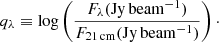 $$ \begin{aligned} q_{\lambda } \equiv \log \left(\frac{F_{\lambda }(\mathrm{Jy\,beam^{-1}})}{F_{\rm 21\,cm}(\mathrm{Jy\,beam^{-1}})}\right)\cdot \end{aligned} $$