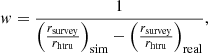$$ \begin{aligned} { w} = \frac{1}{\left(\frac{r_{\mathrm{survey} }}{r_{\mathrm{htru} }}\right)_{\mathrm{sim} }-\left(\frac{r_{\mathrm{survey} }}{r_{\mathrm{htru} }}\right)_{\mathrm{real} }}, \end{aligned} $$