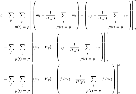 $$ \begin{aligned}&\mathcal{L} =\sum \limits _{p}\sum \limits _{\begin{matrix} t\\ p(t)=p \end{matrix}}\left|\left|\left( {m}_t-\frac{1}{H(p)}\sum \limits _{\begin{matrix} t\\ p(t)=p \end{matrix}} {m}_t\right)- \left( {c}_{tp}-\frac{1}{H(p)}\sum \limits _{\begin{matrix} t\\ p(t)=p \end{matrix}} {c}_{tp}\right)\right|\right|^2_2 \nonumber \\&\ \ \ =\sum \limits _{p}\sum \limits _{\begin{matrix} t\\ p(t)=p \end{matrix}}\left|\left|\left( {m}_t- {M}_p\right)- \left( {c}_{tp}-\frac{1}{H(p)}\sum \limits _{\begin{matrix} t\\ p(t)=p \end{matrix}} {c}_{tp}\right)\right|\right|^2_2 \nonumber \\&\ \ \ =\sum \limits _{p}\sum \limits _{\begin{matrix} t\\ p(t)=p \end{matrix}}\left|\left|\left( {m}_t- {M}_p\right)- \left(f\left( {\alpha }_n\right)-\frac{1}{H(p)}\sum \limits _{\begin{matrix} t\\ p(t)=p \end{matrix}}f\left( {\alpha }_n\right)\right)\right|\right|^2_2. \end{aligned} $$