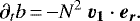 \begin{equation*}\partial_t b \,{=}\,{-}N^2\ \vec{v_1}\cdot\vec{e_r}.\end{equation*}