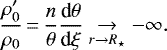\begin{equation*}\frac{\rho_0&#x0027;}{\rho_0} \,{=}\,\frac{n}{\theta}\frac{\textrm{d}\theta}{\textrm{d}\xi} \underset{r \to R_{\star}}\to -\infty.\end{equation*}