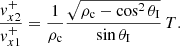 $$ \begin{aligned} \frac{{ v}^{+}_{x2}}{{ v}^{+}_{x1}}=\frac{1}{\rho _{\rm c}}\frac{\sqrt{\rho _{\rm c}-\cos ^2\theta _{\rm I}}}{\sin \theta _{\rm I}}\,T. \end{aligned} $$