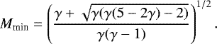 \begin{eqnarray*} M_{\textrm{min}}=\left (\frac{\gamma+\sqrt{\gamma(\gamma(5-2\gamma)-2)}}{\gamma(\gamma-1)} \right)^{1/2}. \end{eqnarray*}